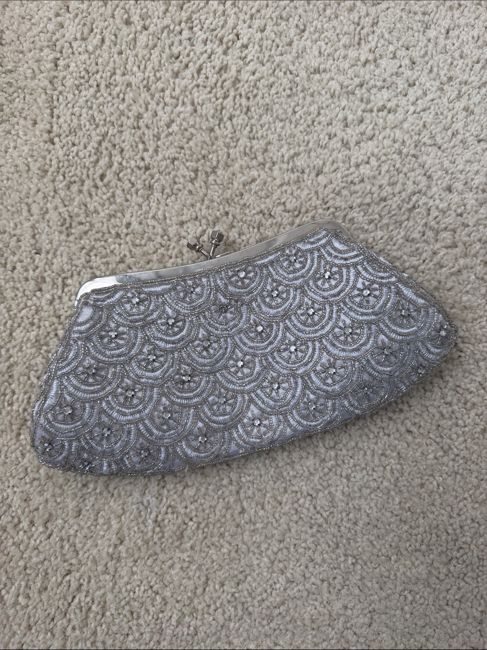 Elegant Silver Beaded Evening Clutch